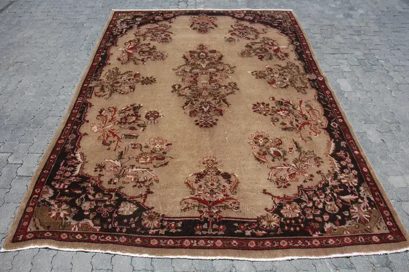 Alfombra turca Oushak 7,6x10,4 pies, alfombra vintage de lana sólida marrón rojo - 1