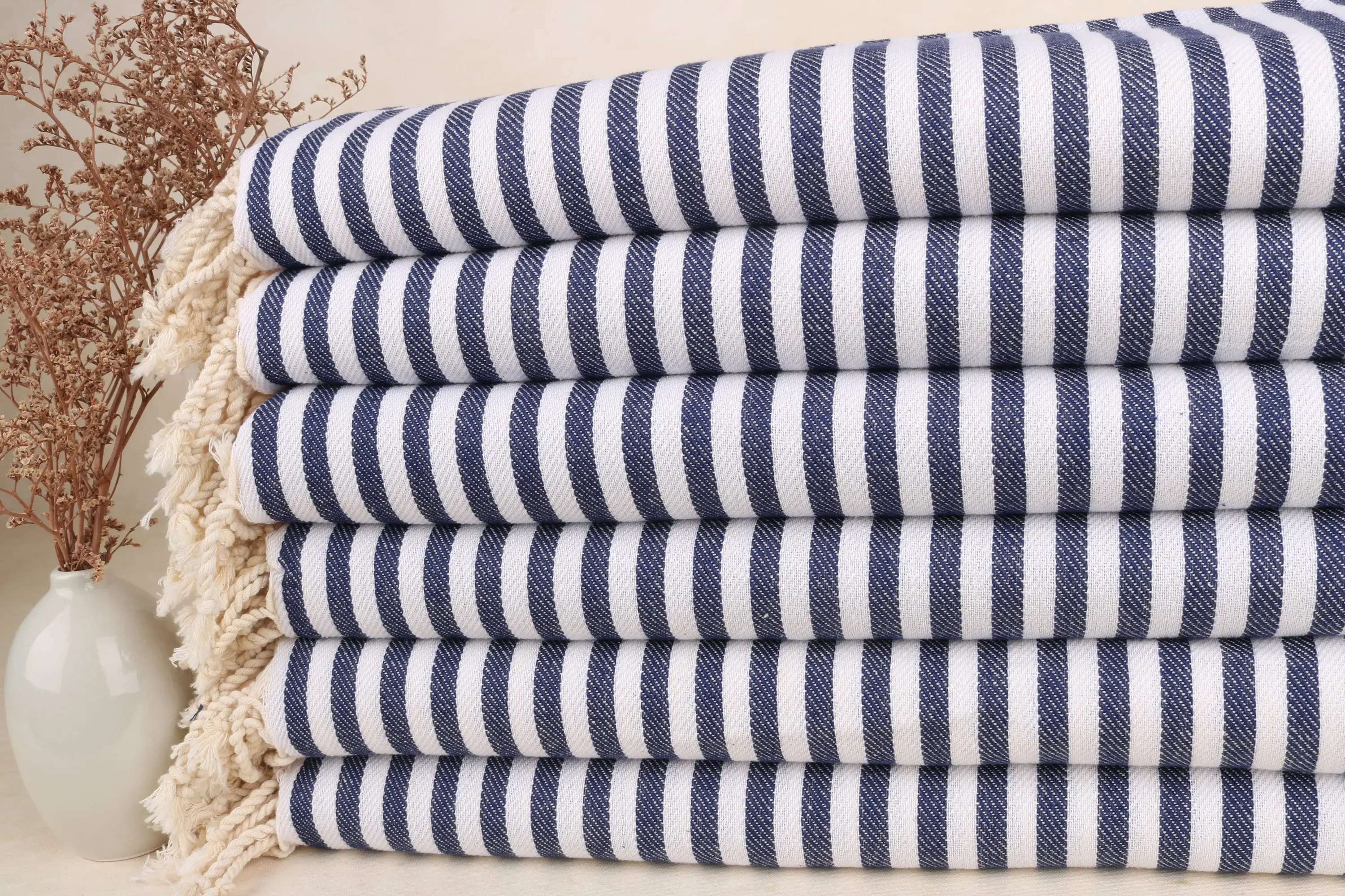 Striped Towel Organic Cotton Bath Towel Navy Beige, 40x71 Inches - 1