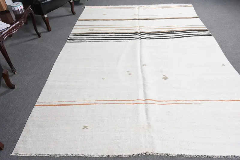 Alfombra vintage, alfombra grande de 6,5x9,5 pies, alfombra de lana Kilim marrón blanco - 1