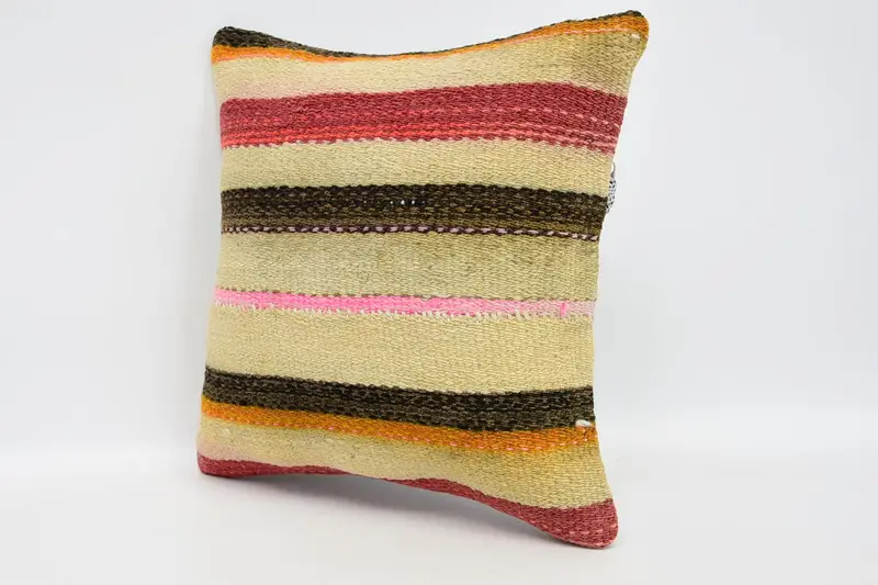 Ethnical Kilim Rug Pillow, Vintage Kilim Pillow, Boho Pillow Sham Cover, Seat Pillow Sham, Pillow, 12x12 Beige Pillow Cover - 4