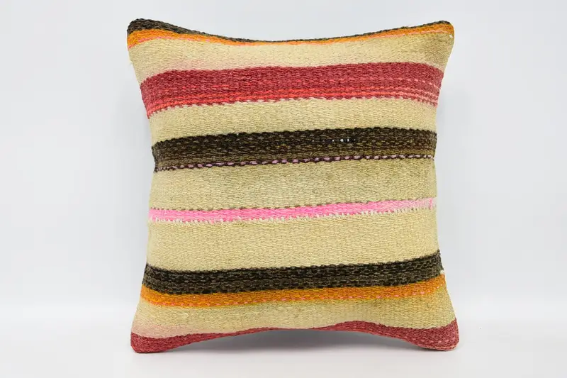 Ethnical Kilim Rug Pillow, Vintage Kilim Pillow, Boho Pillow Sham Cover, Seat Pillow Sham, Pillow, 12x12 Beige Pillow Cover - 1