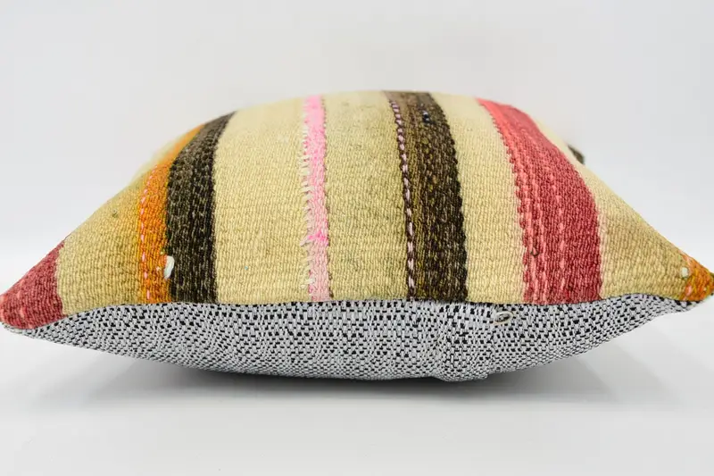 Ethnical Kilim Rug Pillow, Vintage Kilim Pillow, Boho Pillow Sham Cover, Seat Pillow Sham, Pillow, 12x12 Beige Pillow Cover - 5