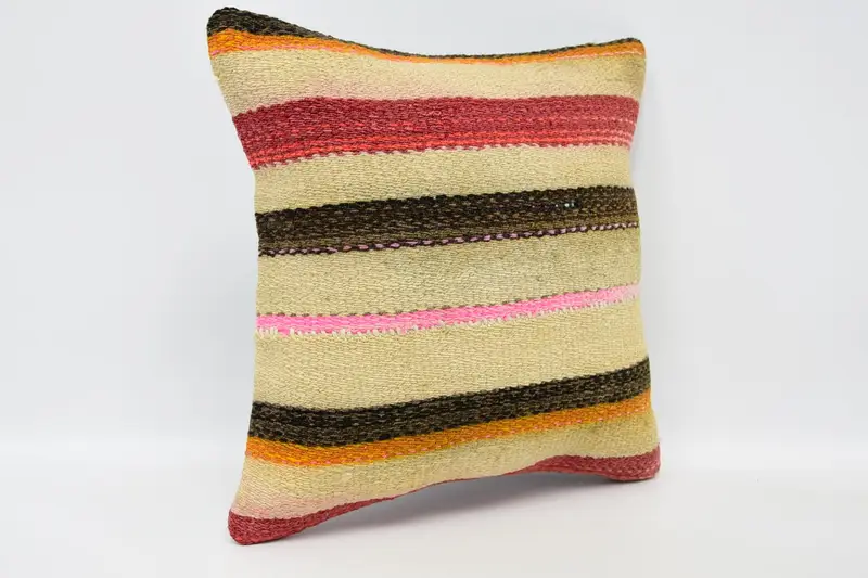 Ethnical Kilim Rug Pillow, Vintage Kilim Pillow, Boho Pillow Sham Cover, Seat Pillow Sham, Pillow, 12x12 Beige Pillow Cover - 3