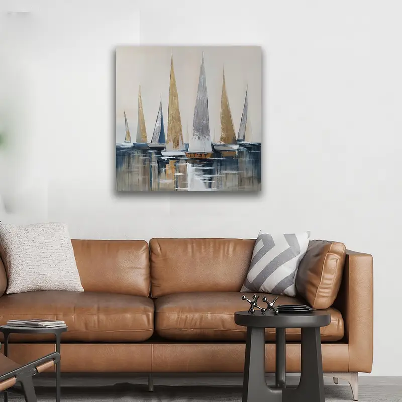 Golden Boat Abstract Sea Printed Glass: Elegant Modern Design