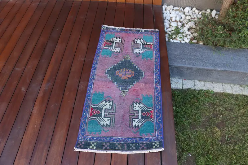 1.7x3.5 ft Vintage Rug, Turkish Small Rug, Blue Red Plants & trees Rug - 1