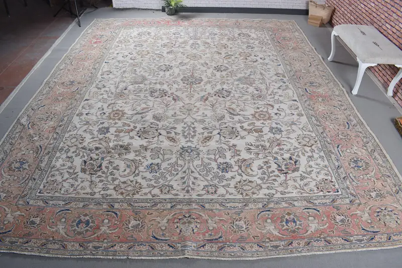 Zarif Bej Fas Halısı, Turuncu Desenli 11,1x13,5 ft