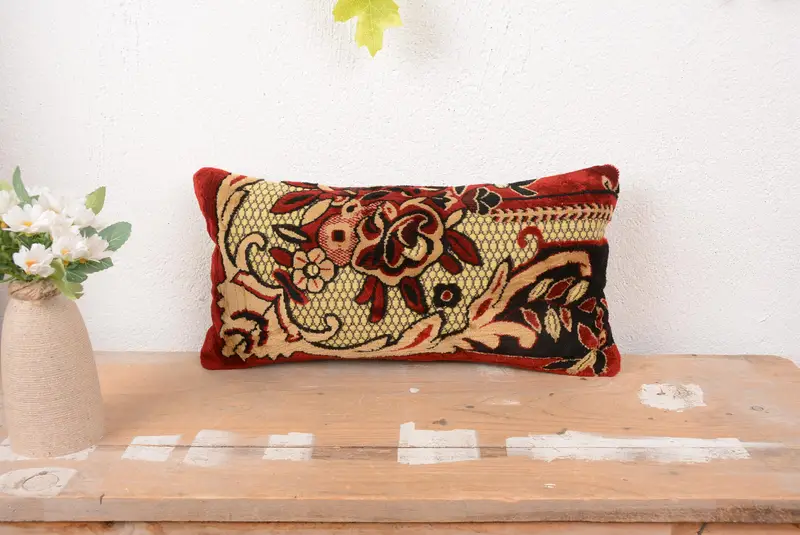 Red & Black Floral Throw Pillow, Vintage Embroidered Cushion
