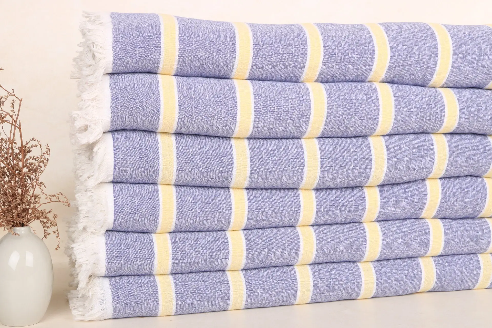 Boho Throw Blanket Organic Cotton Purple-Yellow Stripes, 83x95 Inches - 1