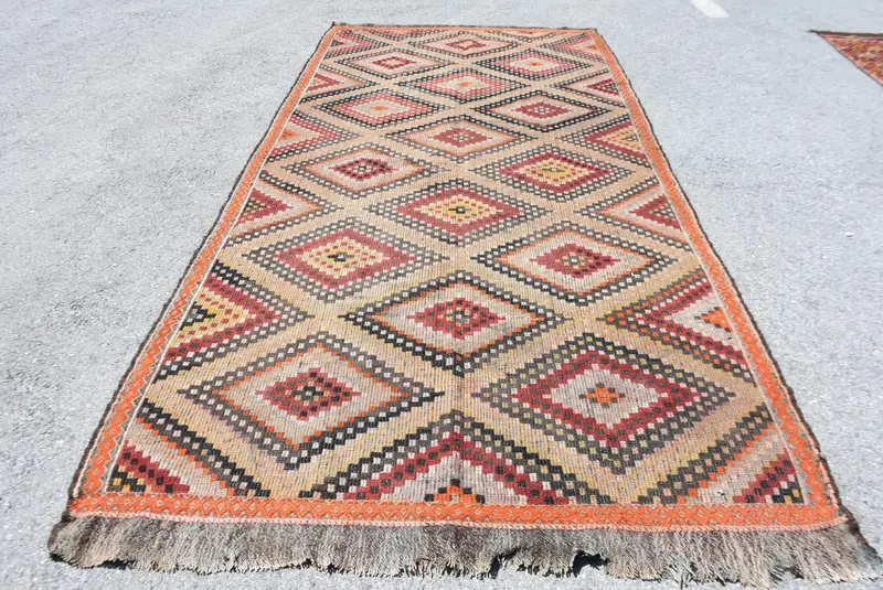 Alfombra vintage de 5,7x11,9 pies, alfombra grande turca, alfombra de lana a rayas rojas - 1