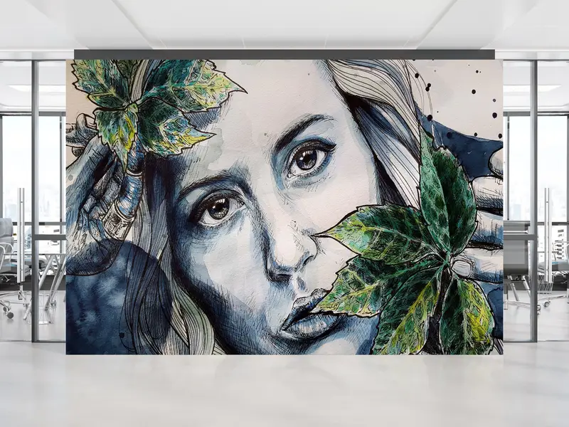 Elegant Botanical Woman Portrait Printed Wallpaper for Modern Spaces