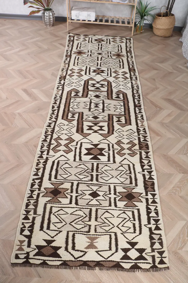 Kilim Türk Halısı, 3x10.3 ft Vintage Halı, Kahverengi Çiçekli Yün Halı - 1