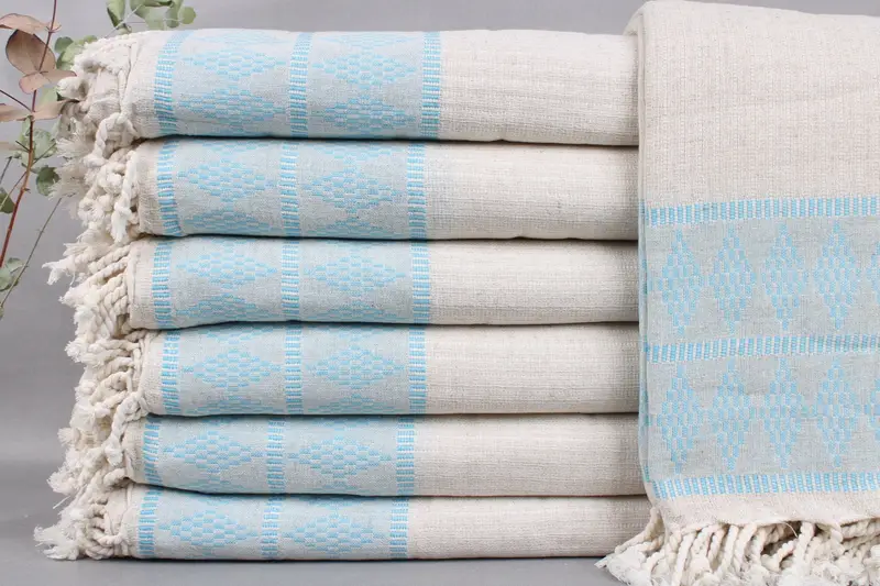 Sofa Blanket Turquoise Kilim Design Throw, 87x99 Inches Linen Bedspread