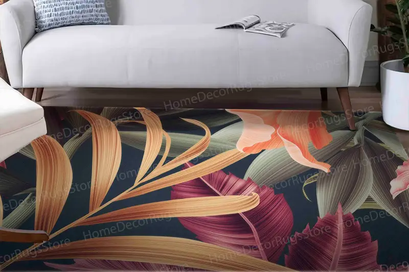 Tropical Leaves Printed Rug: Trendy, Colorful, Modern Home Decor