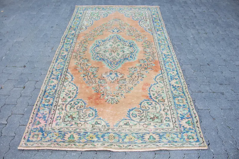 Turkish Vintage Area Rug 4.7x8.5 ft, Oushak Blue Wool Rug - 1