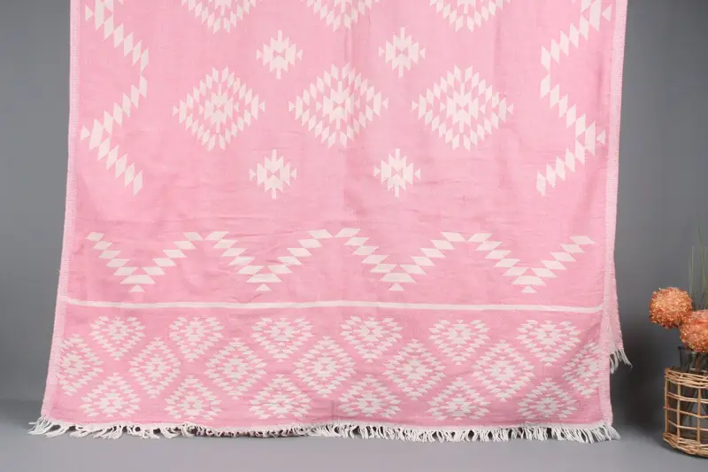 Personalized Pink Kilim Beach Towel, Organic Cotton, 36x71 Inches