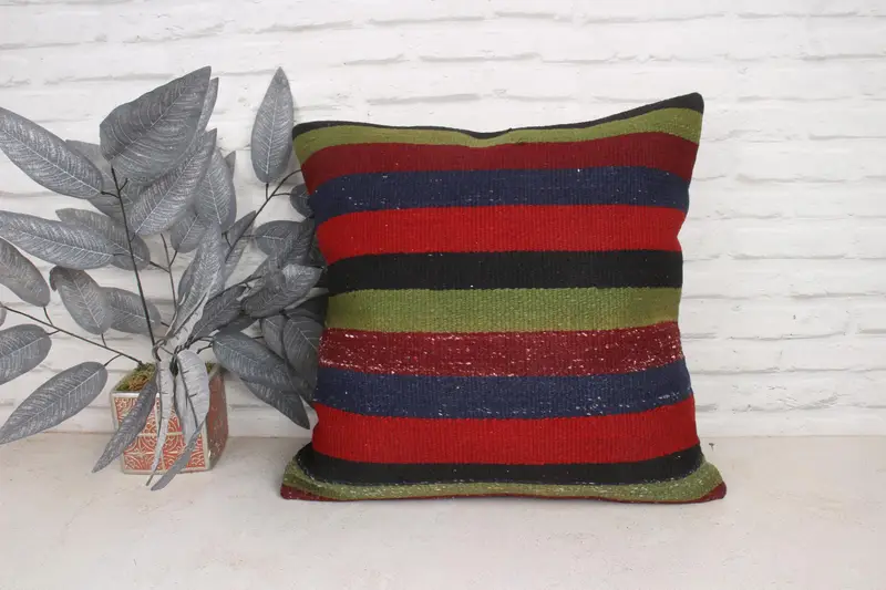 Turkish Kilim Pillow, Muted Cushion Case, Pillow Sham, Throw Kilim Pillow, 20x20 Blue Pillow Cover, Handmade Kilim Cushion, Colorful Cushion Case - 1