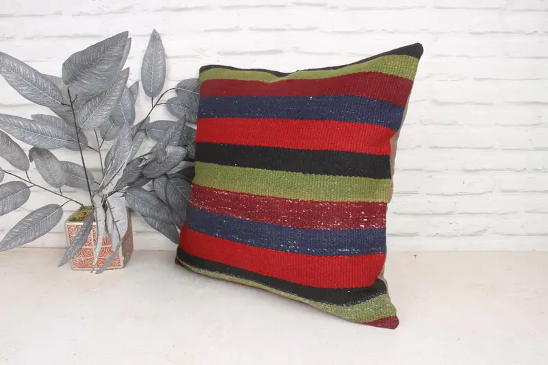 Turkish Kilim Pillow, Muted Cushion Case, Pillow Sham, Throw Kilim Pillow, 20x20 Blue Pillow Cover, Handmade Kilim Cushion, Colorful Cushion Case - 4