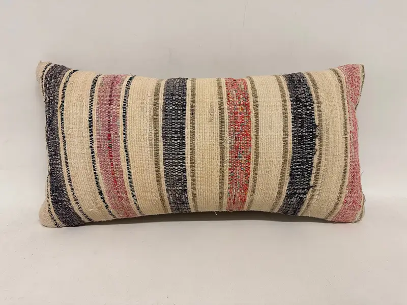 Turkish Pillow, Vintage Pillow, Kilim Pillow Cover, 12x24 Beige Pillow Sham, Toss Pillow, Pillow Sham, Authentic Cushion Cover, Throw Kilim Pillow - 1