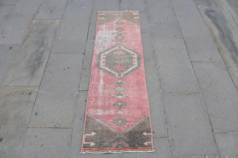 Turkish Rug, 1.4x4.9 ft Small Vintage Rug, Oushak Red Green Animal Print Rug - 1