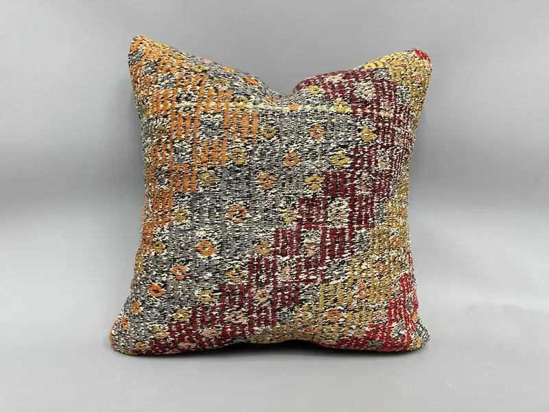 Cushion Case, Vintage Kilim Pillow, 18x18 Orange Cushion Case, Handmade Kilim Cushion, Throw Kilim Pillow, Bolster Throw Pillow Case - 1