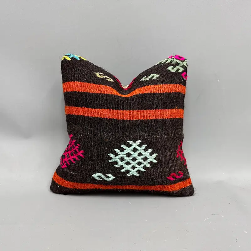 El İşi Kahverengi & Pembe Çizgili Kırlent, Vintage Keten Kırlent