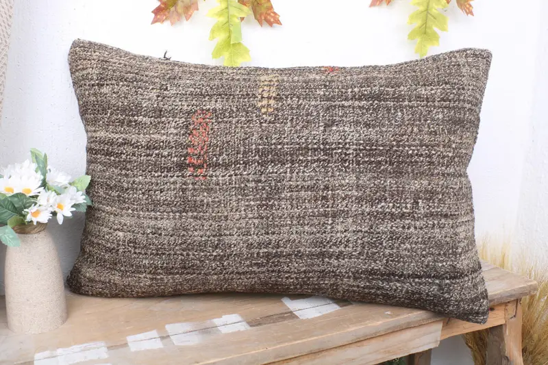 Traditional Pillow, Throw Kilim Pillow, Floor Pillow, Turkish Pillow, Cushion Cover, 16x24 Brown Pillow, Vintage Kilim Throw Pillow - 4