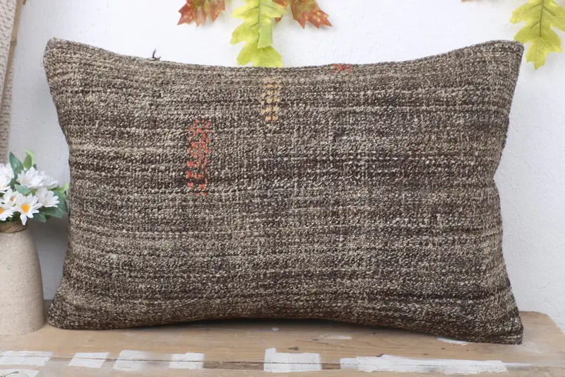 Traditional Pillow, Throw Kilim Pillow, Floor Pillow, Turkish Pillow, Cushion Cover, 16x24 Brown Pillow, Vintage Kilim Throw Pillow - 2