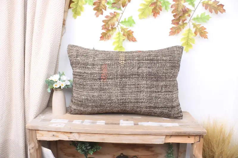 Traditional Pillow, Throw Kilim Pillow, Floor Pillow, Turkish Pillow, Cushion Cover, 16x24 Brown Pillow, Vintage Kilim Throw Pillow - 1