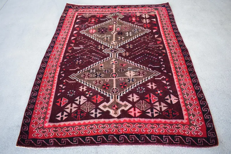 Alfombra turca vintage de 5,2x7 pies, alfombra de lana con bordes morados Oushak - 1
