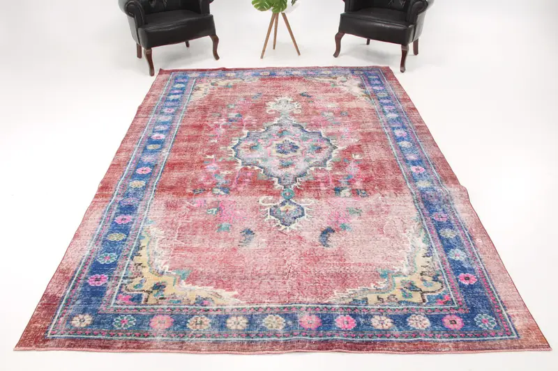 Vintage Turkish Rug, 7.1x9.8 ft Oushak Rug, Red Camouflage Wool Rug - 1