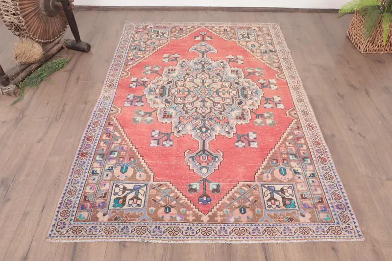 Vintage 4.2x6.3 ft Rug, Area Turkish Rug, Red Blue Ombré Rug - 1