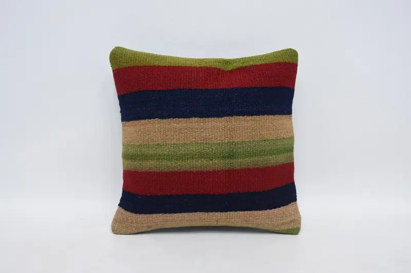 Vintage Wool Red Cushion Case, Striped Moroccan Small Square 14x14 inch Pillowcase - 1