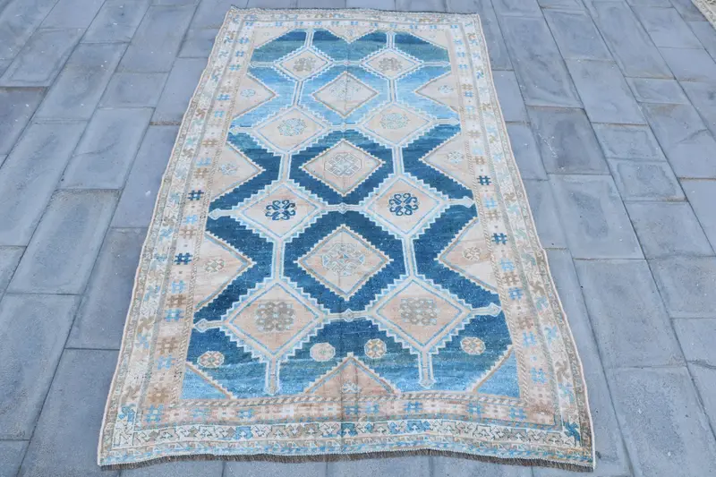 Alfombra turca grande, alfombra vintage de 4,9x8,7 pies, alfombra de lana ombré azul - 1
