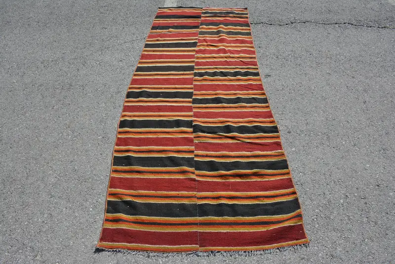 3.2x9.2 ft Kilim Turkish Rug, Red Floral Vintage Rug Wool - 1