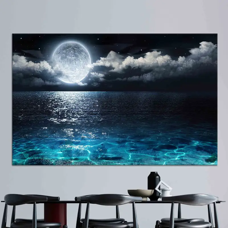 Moderne Leinwand mit Mondansicht: Trendiger Meer- und Mond-Kunstdruck