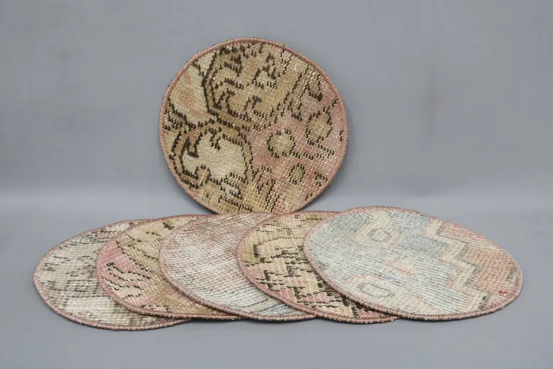 Bohemian Beige & Brown Circle Placemats, Cotton & Wool Boho Decor