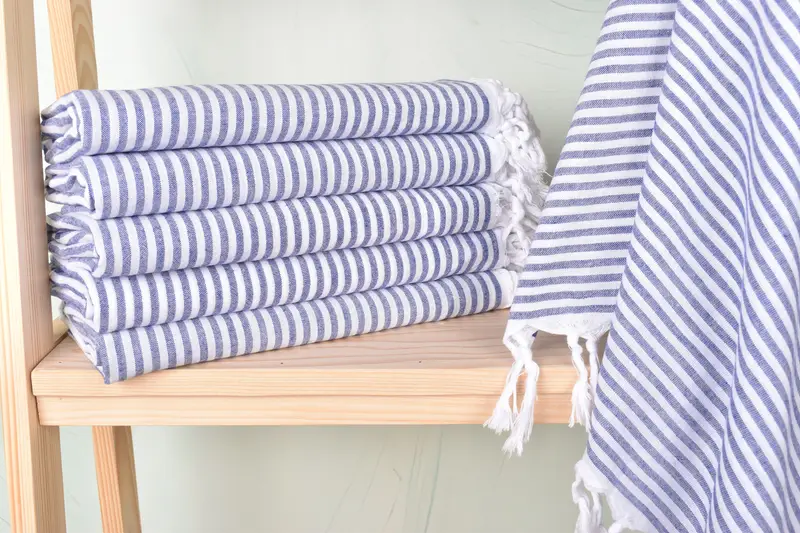 Embroidered Beach Towel Navy Striped, Organic Cotton/Linen, 36x67 Inches