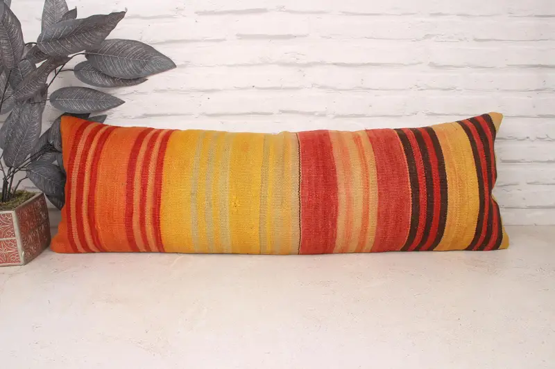 Home Decor Pillow, 12x36 Yellow Cushion Case, Ottoman Pillow Sham, Turkish Kilim Pillow, Pillow for Sofa, Handmade Rug Seat Pillow, Cushion Cover - 1