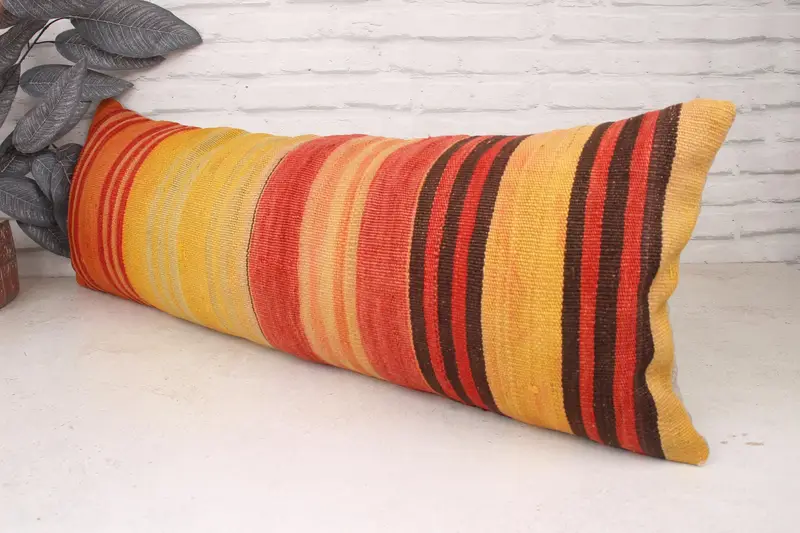Home Decor Pillow, 12x36 Yellow Cushion Case, Ottoman Pillow Sham, Turkish Kilim Pillow, Pillow for Sofa, Handmade Rug Seat Pillow, Cushion Cover - 4