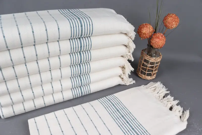 Organic Beach Towel Petrol Blue Striped, Beige, Organic Cotton, 40x71 Inches