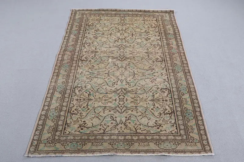 Elegante alfombra floral beige y verde, decoración elegante de 3,8x5,3 pies