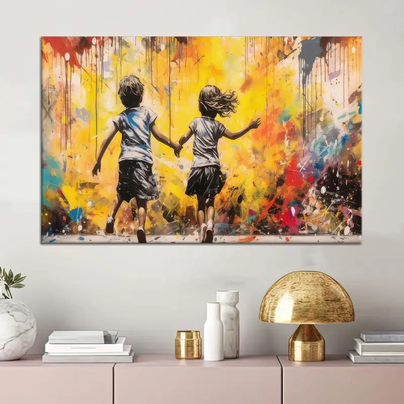 モダンな抽象キャンバス: バンクシー ランニング 子供アート プリント