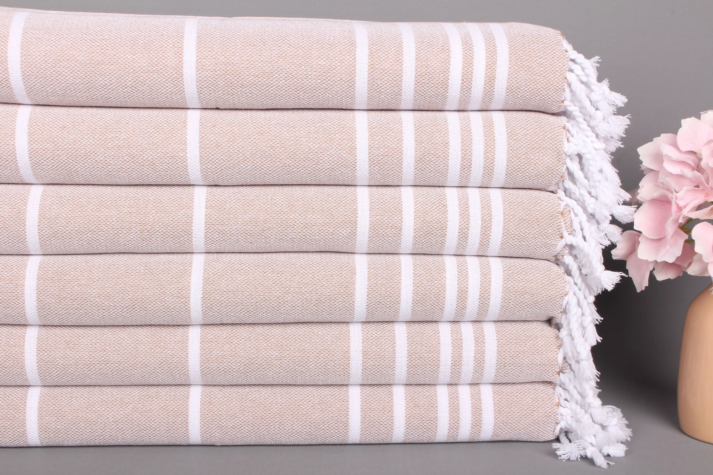 Beige Cotton Hand Towel Striped, 18x38 Inches - 1