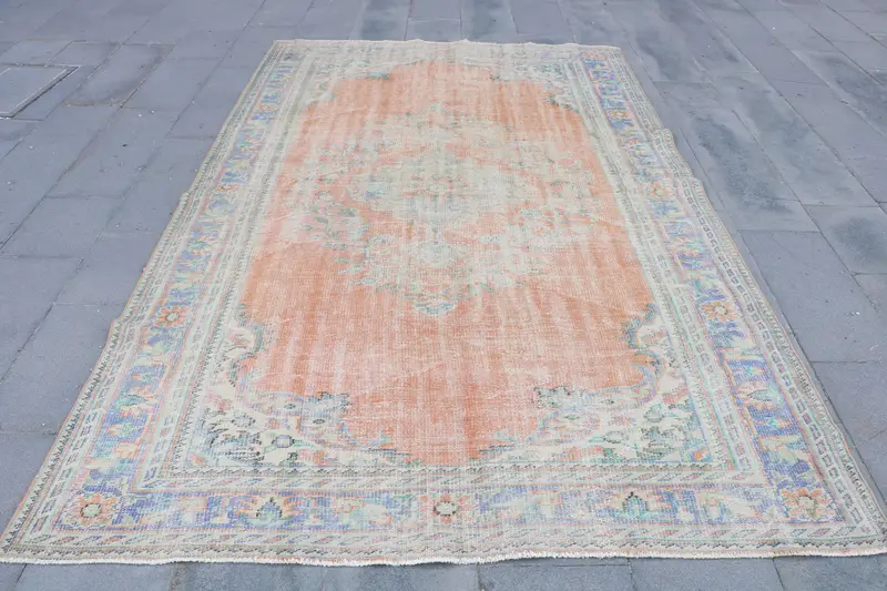 6x9.7 ft Large Turkish Rug, Orange Floral Vintage Rug - 1