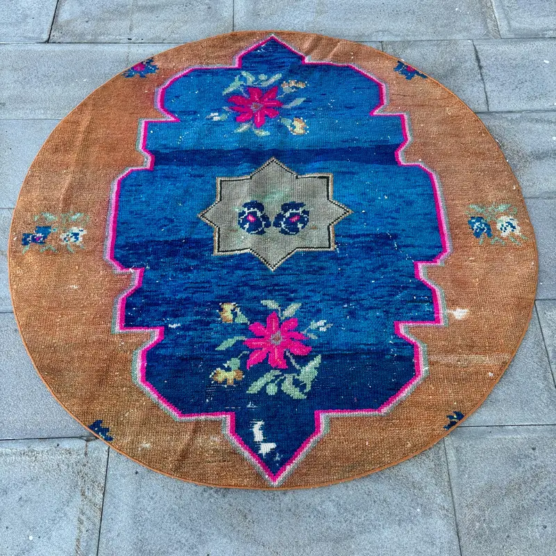 Türk Vintage Halı, 4.5x4.5 ft Oushak Halı, Mavi Kahverengi Düz Halı - 1