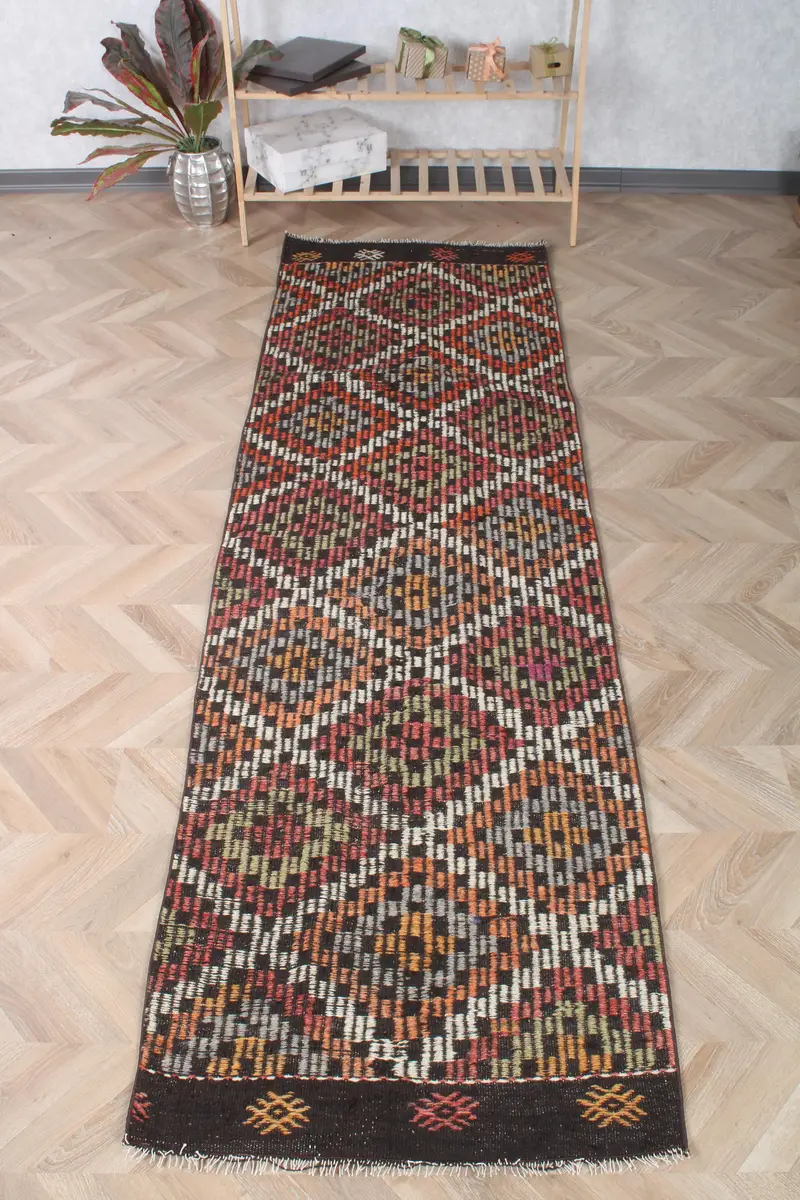 Alfombra vintage de 2,7x8,9 pies, alfombra turca corredora, alfombra de lana marrón - 1