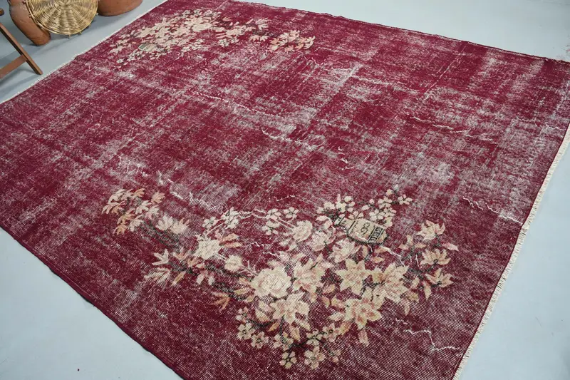 Vintage Türk Oushak Halısı 6.8x9.3 ft, Kırmızı Büyük Bordürlü Yün Halı - 1