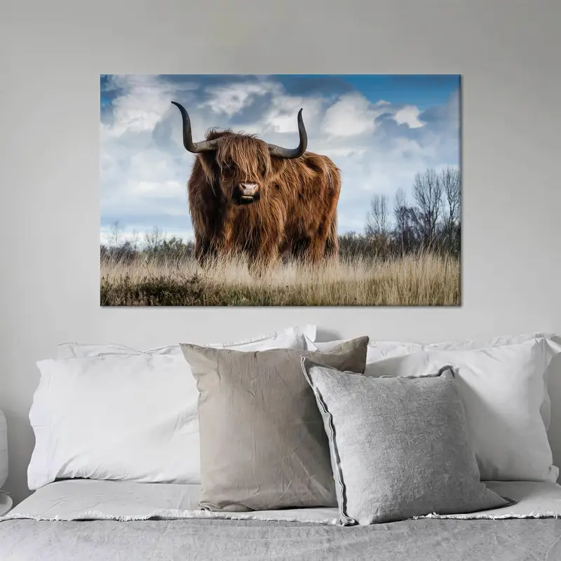 Elegant Highland Cow Village Canvas: Artistic Farmhouse Decor