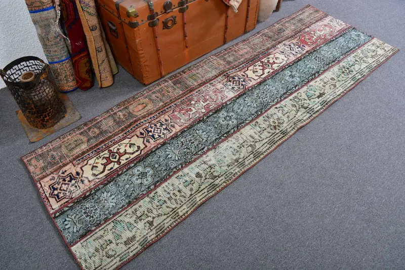 Türk Oushak Runner Halısı 2.6x7.8 ft (79x237 cm), Vintage Mavi Bordürlü Yün Halı - 1
