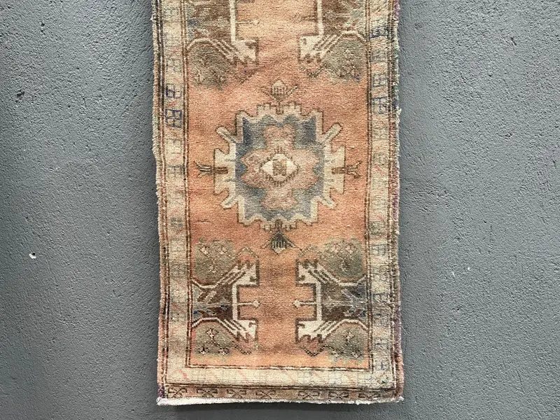 Vintage Oushak Small Rug 1.7x3.3 ft (51x102 cm), Turkish Brown Floral Rug - 1